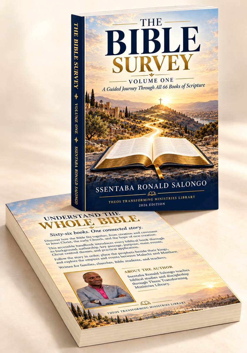 Bible Survey stacked-book advert: upright front cover above a flat back cover with the author portrait